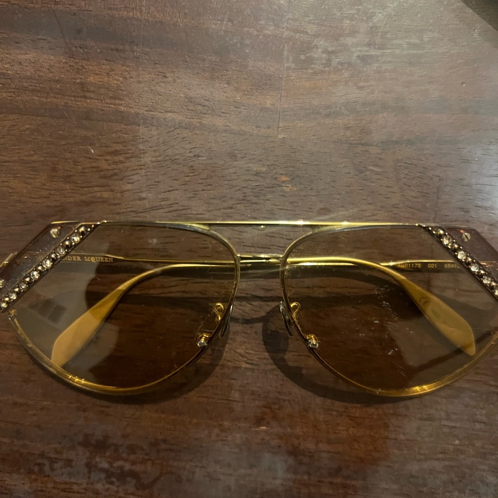 Alexander McQueen Gold Rhinestone Aviator Sunglasses - Women Accessories